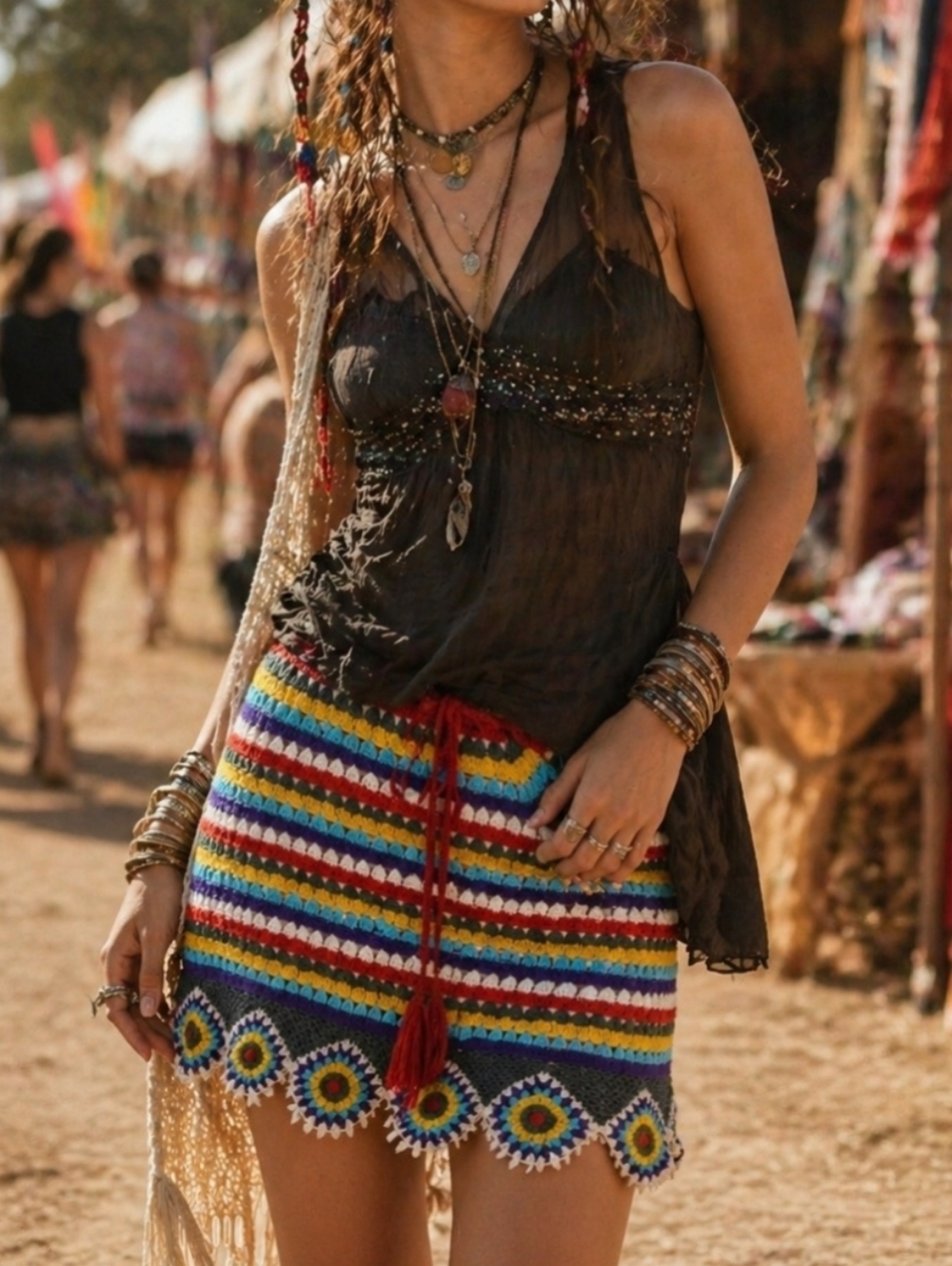 Vintage Crochet Mini Skirt Boho Hippie Festival Y2K Cottagecore Drawstring M